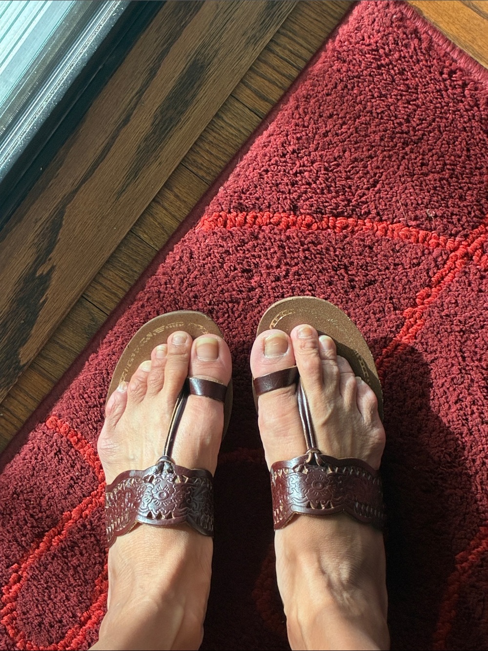 Women's Brown Leather T-Strap Floral Sandals